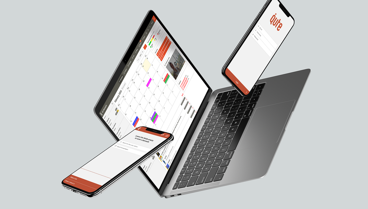 An image of a laptop and mobile devices, with the Qi CMS (Content Management System) displayed on their screens, showcasing the responsive design across multiple devices.